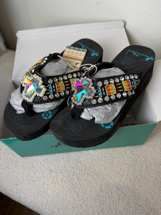 Montana West Shoes - Montana West Black Beaded Rhinestone Cross Wedge Sandals-NIB